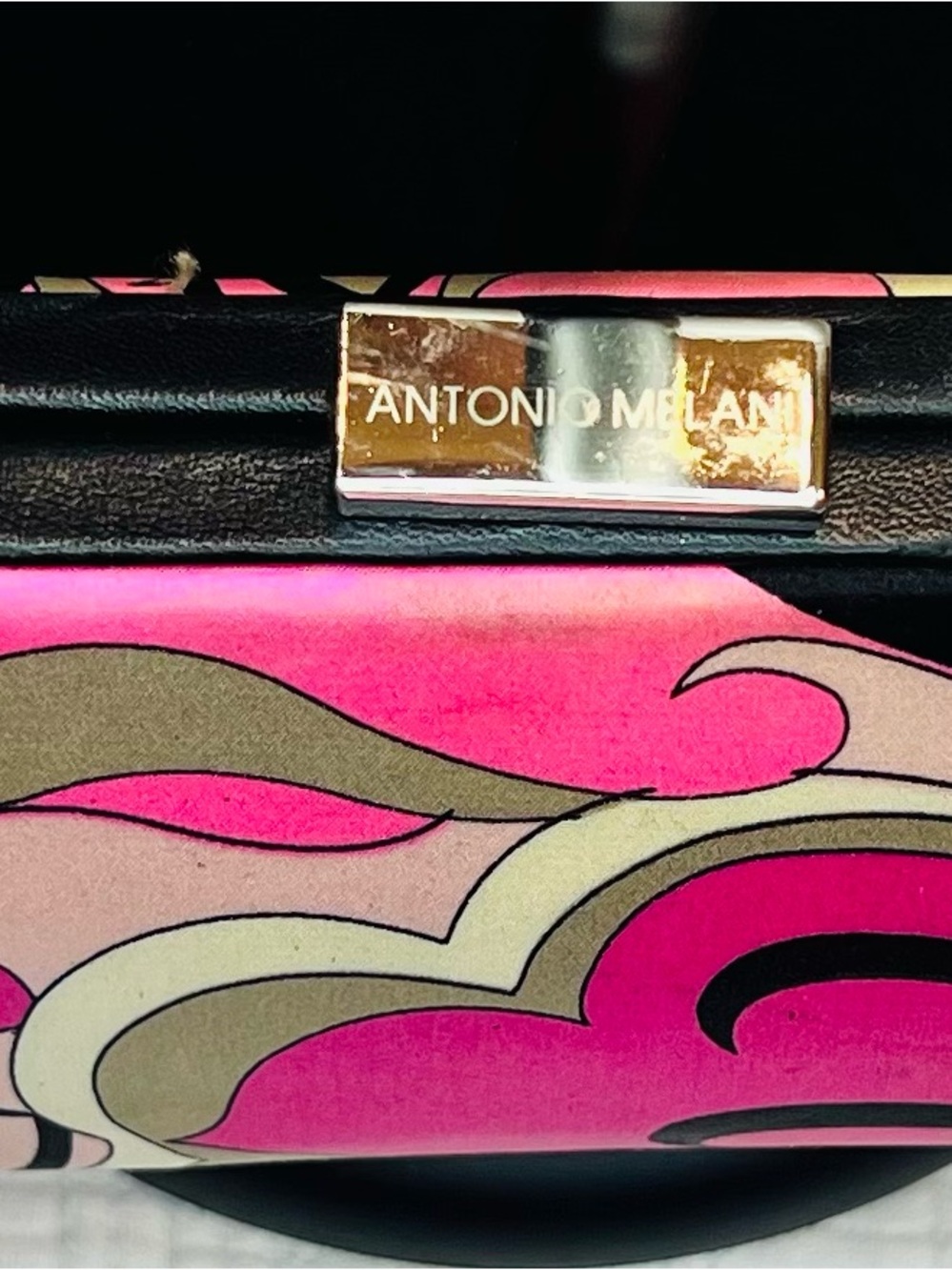 ANTONIO MELANI Pink Multicolor Patterned Clutch with Gold Logo